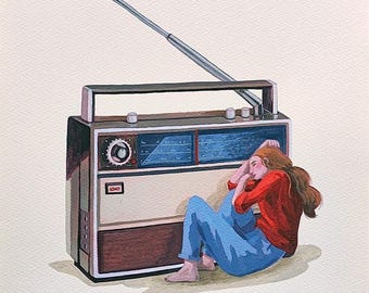 Original Acrylic Illustration - Radio Lovers - Whimsical Traditional Art - Vintage style painting