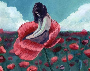 Original Mixed Media Art - Thinking of You - Traditional Whimsical painting - Acrylic watercolor pencil Illustration