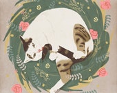 Cat grooming cute illustration - print 8 x 11.5
