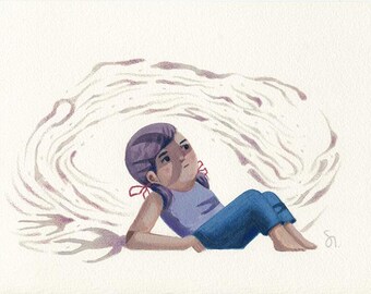 The shadow of dreams – Original Acrylic Pencil Illustration - birds girl