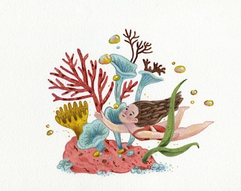 Under the water – Original Acrylic Pencil Illustration - Girl diving and discovering marine treasures