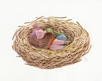 Original Watercolor Illustration: Girl Sleeping in Nest – Nursery Art