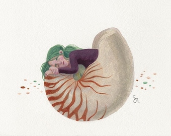 Nautilus – Original Acrylic Pencil Illustration - A young girl sleeping inside a Nautilus shell