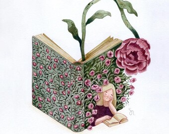 Inside a blooming book – Original Watercolor Pencil Illustration