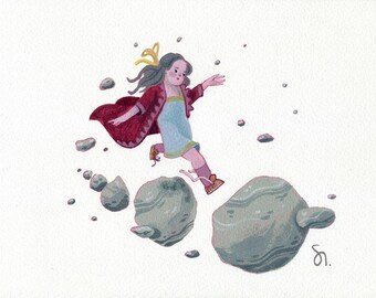 The little Princess – Original Acrylic Pencil Illustration - An adventurous princess jumping on planets