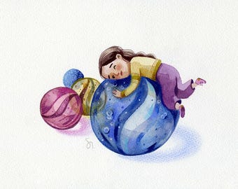 Dentro una biglia c'è sempre un universo – Illustrazione originale ad acquerello e matita