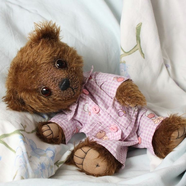 Artist Teddy Bear Faith by Nina Popova, OOAK, mohair, jointed, brown, pajamas