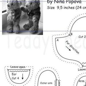 May include: A black and white photo of two teddy bears, along with a sewing pattern for making teddy bears. The pattern includes instructions for cutting out the fabric and sewing the pieces together. The pattern also includes instructions for adding fur to the bears. The pattern is for a teddy bear that is 9.5 inches (24 cm) tall.