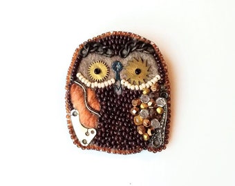 Owl brooch, pin, brown, beaded, jewelry, animal, bird, avian, nature, wild, steampunk, clock