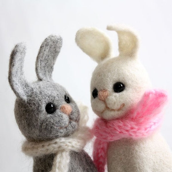 Two Little Wool Bunnies, Miniature Needle Felted Soft Sculpture,  white and gray