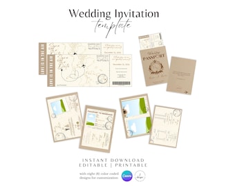 Può includere: Modello di invito di nozze stampabile con tema passaporto e biglietto aereo. Il design presenta una combinazione di colori marrone e bianco con accenti verdi. Il testo "LOVE IS IN THE AIR" è stampato sui biglietti. Il modello è modificabile e include otto design codificati a colori per la personalizzazione.