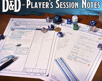 Pode incluir: Um caderno de notas de sessão D&D com anotações manuscritas, dados e uma caneta. As páginas do caderno são preenchidas com texto, diagramas e marcadores. O título "D&D - Player's Session Notes" está no topo. Uma régua e dados estão sobre a mesa.