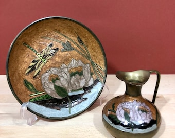 Vintage plate and vase made of brass painted with enamel, Asian pattern