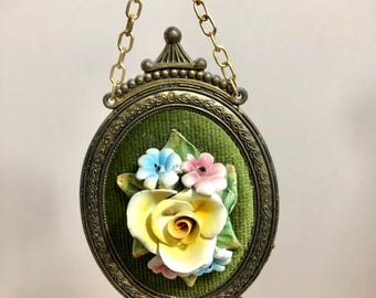Vintage wall decoration, brass frame, porcelain flowers, Italy
