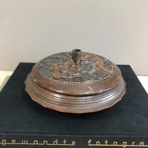 Vintage round wooden box, wooden box, carved, decorated, brass handle, wooden box with lid