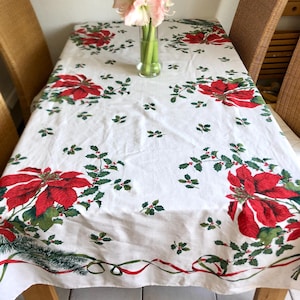 Vintage tablecloth, Christmas, 70s, linen tablecloth, poinsettia red/green