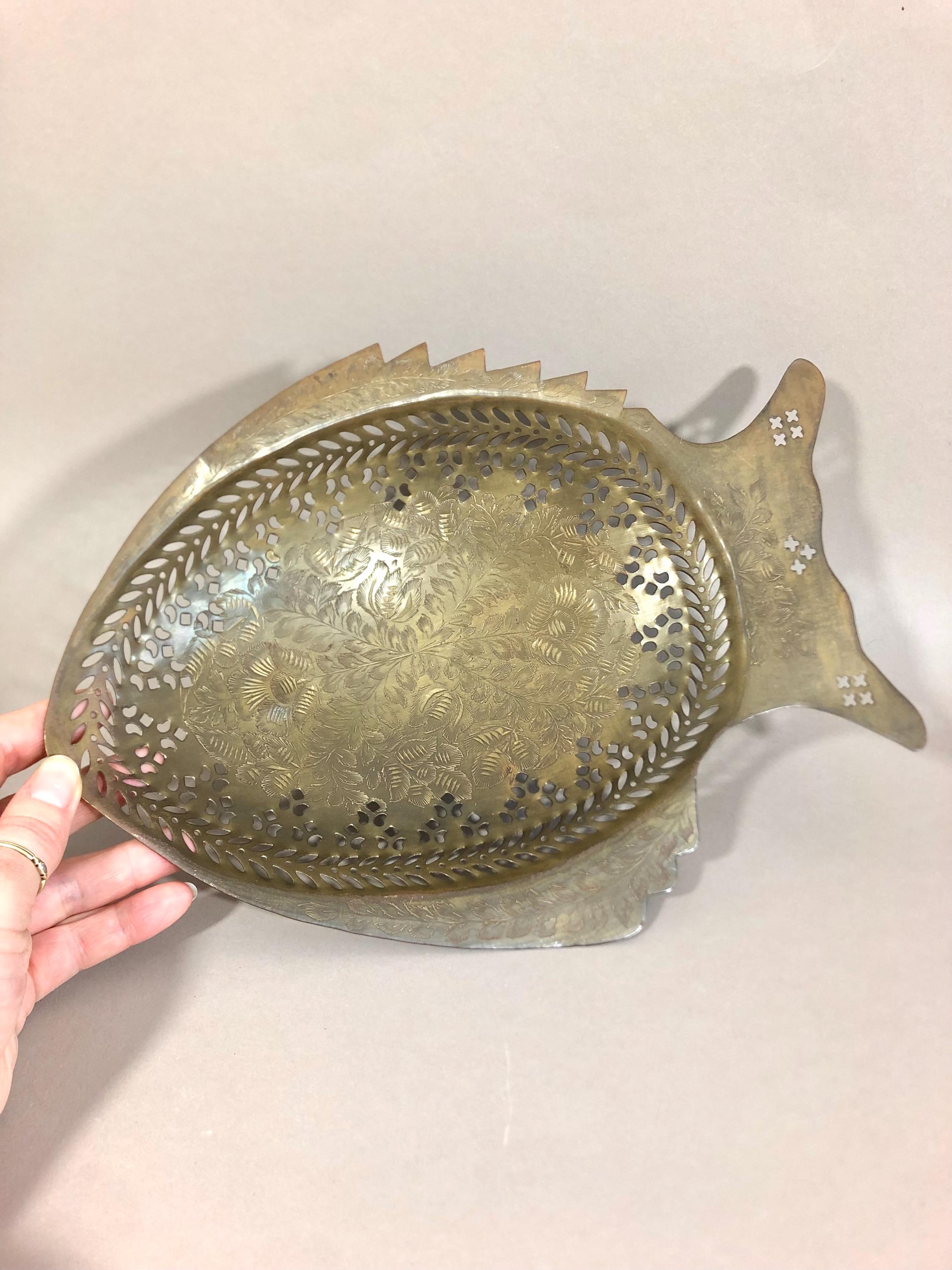 Vintage brass bowl, fish shape with legs, mid century modern