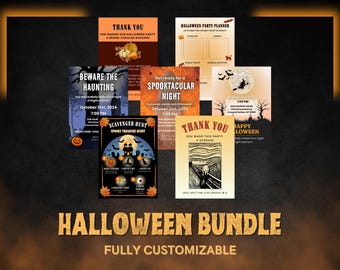 May include: A set of printable Halloween party invitations and planning resources. The designs feature spooky themes like a haunted house, a scary movie scene, and a witch flying on a broomstick. The text includes phrases like "Beware the Haunting", "Spooktacular Night", and "Happy Halloween".