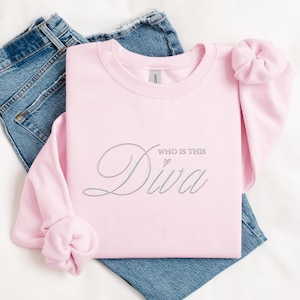 May include: Pink sweatshirt with the text "Who is this Diva" in silver script.