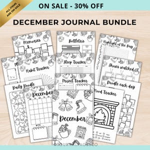 May include: A December journal bundle featuring multiple printable pages with black and white line art illustrations of winter items like mittens, bells, and hot cocoa. The pages include trackers for habits, sleep, mood, projects, and daily doodles.