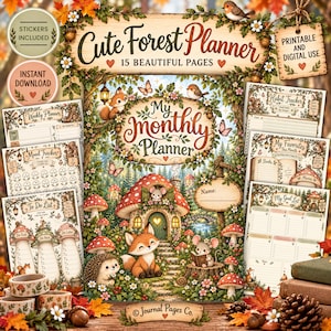 Può includere: Un set Cute Forest Planner con 15 pagine stampabili con illustrazioni di boschi, volpi, ricci e topi. La copertina mostra il testo My Monthly Planner, circondato da funghi, fiori e alberi. Include adesivi e per uso digitale.