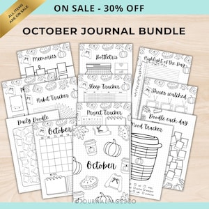 Può includere: Una raccolta di pagine di diario stampabili intitolata October Journal Bundle, caratterizzata da disegni al tratto in bianco e nero di zucche, maglioni e torte. Le pagine includono tracker per abitudini, sonno, progetti e umore, oltre a calendari e doodle.