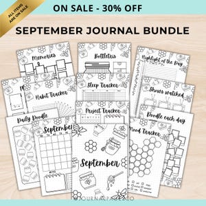 May include: A September journal bundle featuring multiple black and white printable pages with honey-themed illustrations including bees, honeycombs, and jars. The pages include trackers for habits, sleep, mood, projects, and daily doodles with text labels.