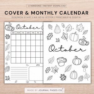 October Title Page with October Calendar: Printable Monthly Planner, Calendar Title Page, Journal Title, Journal Cover, Bujo Page