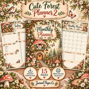 May include: A digital planner set titled Cute Forest Planner 2 featuring woodland illustrations of mice, rabbits, squirrels, and mushrooms. The pages include a Today planner, a Monthly Planner, and sections for to-do lists, meals, and notes.