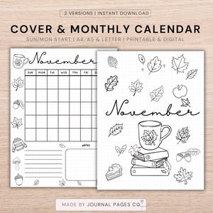 November Title Page with November Calendar, Printable Monthly Planner, Printable Calendar Title Page Journal Title Journal Cover Bujo Page