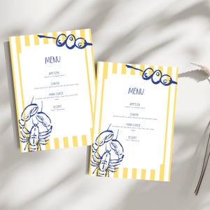 Modèle de menu d'été // Menu Canva modifiable avec un design bleu et jaune // Menu de dîner imprimable // Carte de menu de mariage, de fête ou d'événement