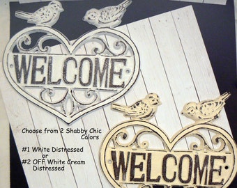 Bird Welcome Sign Metal Cast Iron Choose Classic White OR OFF White/Cream Birds Heart Fleur de lis FDL Shabby Chic Wall Door Plaque Sign