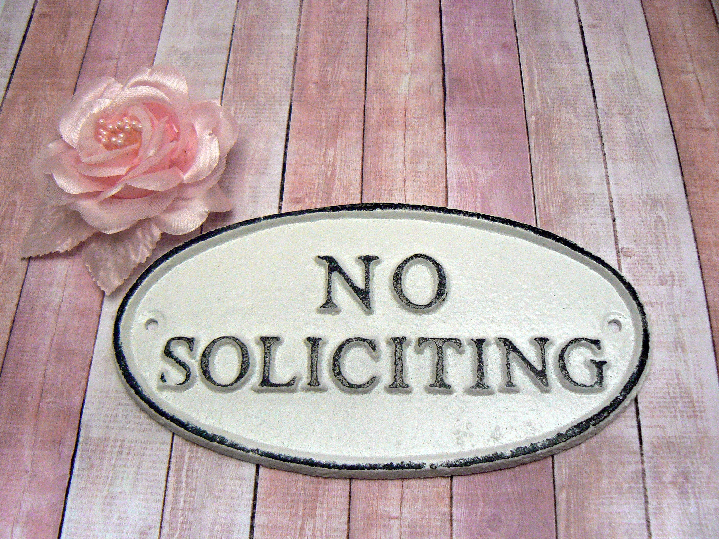 No Soliciting Sign White Metal Wall Decor Cast Iron Shabby Chic Farmh…