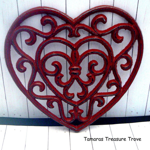 Heart Red FDL Trivet Hot Plate Sweetheart Red Shabby Chic Ornate Swirl Heart Fleur de lis French Country Love Valentine Iron Gift Idea