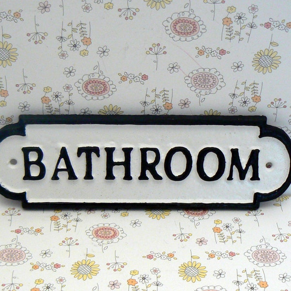Bathroom Sign Farmhouse Metal Cast Iron White Black Wall Door Decor Shabby Chic Bath Room Restroom Label Plaque for Business Restaurant Home