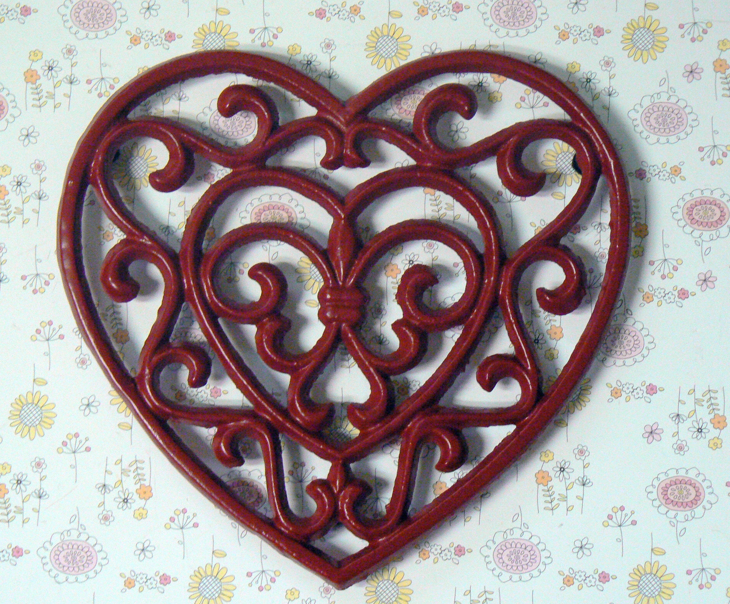 Heart Cast Iron Trivet Hot Plate Red Fleur De Lis FDL French Country
