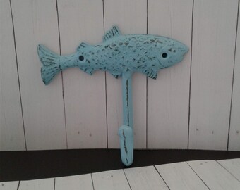 Fish Wall Hook Cottage Chic Cast Iron Metal Beach Blue Shabby Chic Nautical Entryway Mudroom Bathroom Lake House Fishing Cabin Home Decor