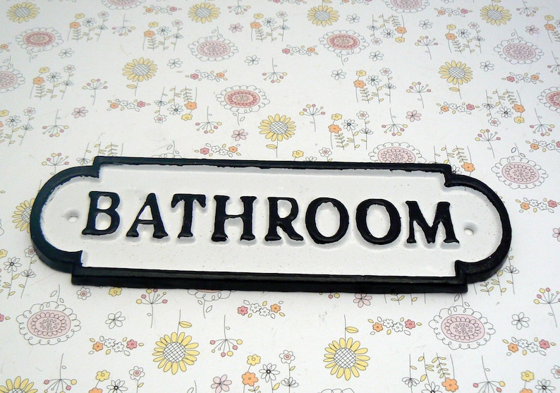 Bathroom Sign Farmhouse Metal Cast Iron White Black Wall Door Etsy