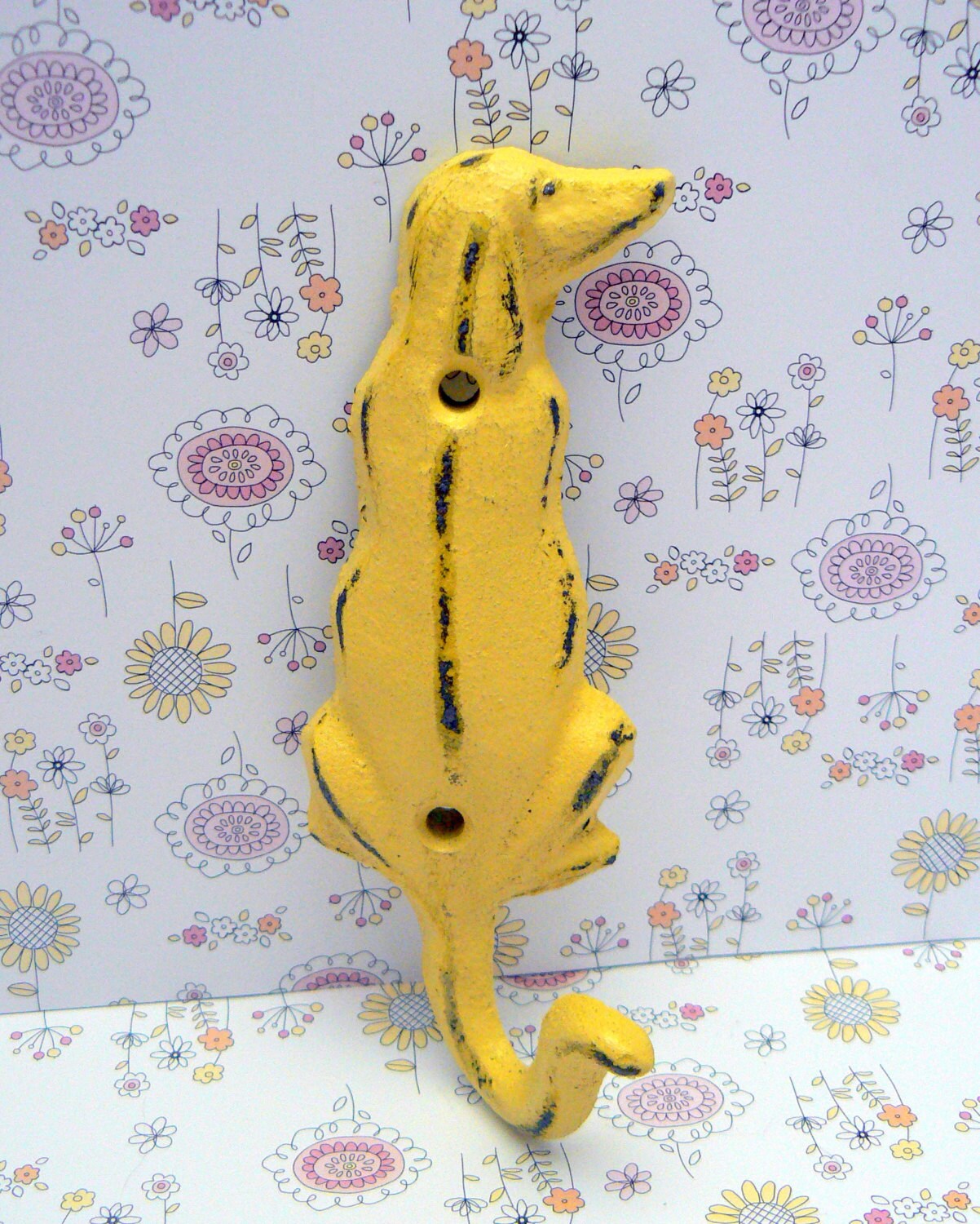 Dog Hook Cast Iron Wall Hook Distressed Sunny Yellow Shabby