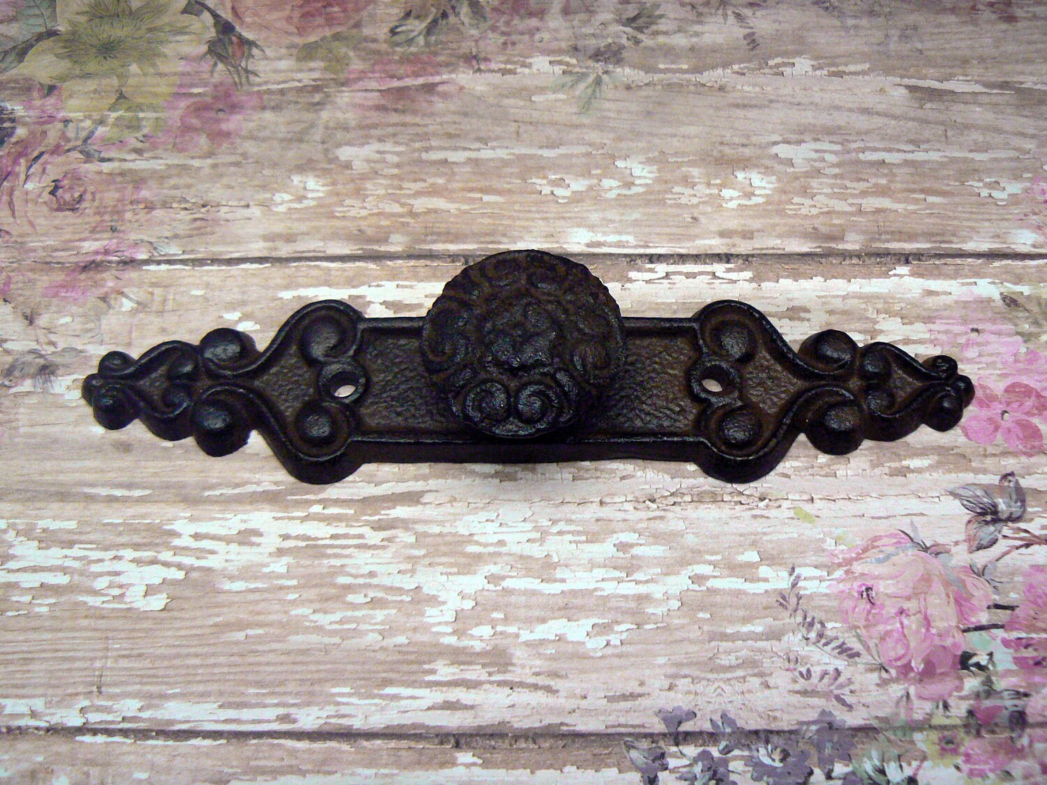 Floral Fleur Knob Backplate Cast Iron Cabinet Drawer Pull Shabby