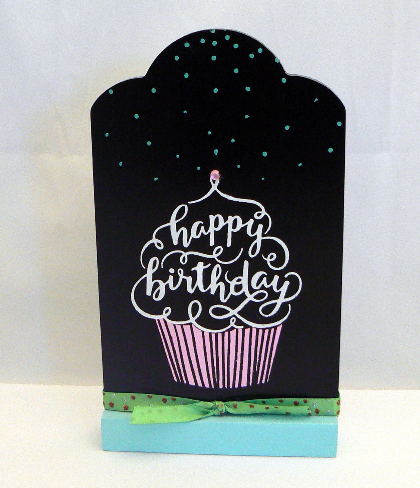 Happy Birthday Cupcake Sign Chalkboard Plaque On Wood Stand Etsy