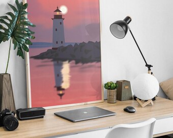 Minimalist Lighthouse Digital Print – Coastal Wall Art, Nautical Decor, Ocean Sunset Illustration, Instant Download