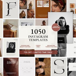 Puede incluir: Un collage de plantillas de Instagram con temática de moda y belleza. La imagen presenta varios diseños con texto, incluyendo "1050 Plantillas de Instagram", "Fashion and Beauty Edition" y "Brown and Terracotta Tone". También es visible el texto "75% OFF - LIMITED TIME ONLY".