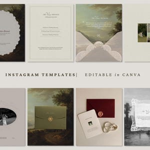 May include: A collection of digital Instagram templates featuring a neutral colour palette with vintage landscape imagery, ornate lace-style frames, and elegant typography. The designs include layouts for wedding services, event details, and photo displays.