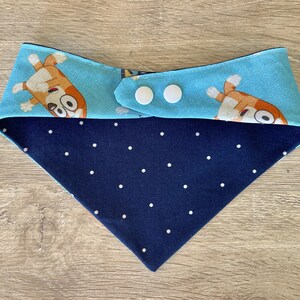May include: A reversible dog bandana with a blue and white cartoon character print on a light blue background. The reverse side is navy blue with white polka dots. The bandana has two white snap closures.