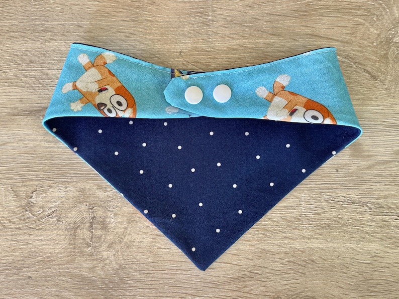 May include: A reversible dog bandana with a blue and white cartoon character print on a light blue background. The reverse side is navy blue with white polka dots. The bandana has two white snap closures.