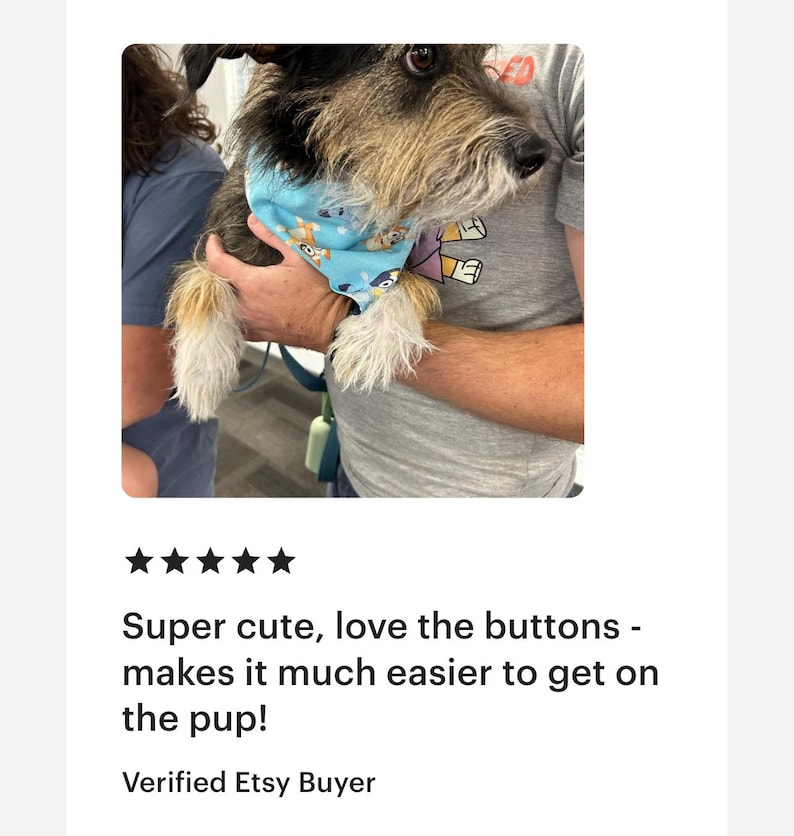 May include: A small dog wearing a light blue bandana with a cartoon design. The dog is held by a person. The bandana has a button closure. The text "Super cute, love the buttons - makes it much easier to get on the pup!" is visible.