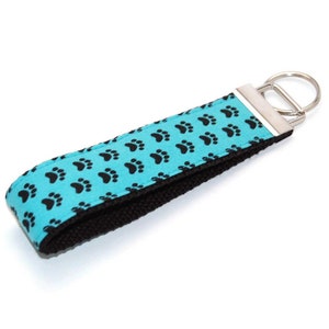 Paw Prints Keychain with Aqua and Black - Fabric Key Fob Wristlet