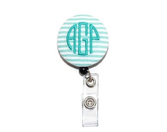 Mint Aqua Seersucker Retractable Badge Reel ID Holder Monogrammed With Your Letters