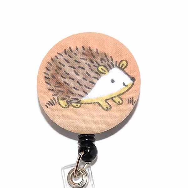 Hedgehog Badge Reel - Peach with Cute Animal - Retractable ID Name Tag Holder - Fabric or Mylar Covered - CoWorker Gift